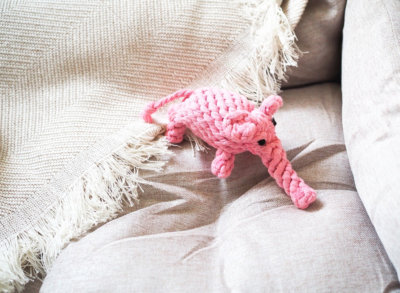 Natürliches Hundespielzeug aus Baumwollseil zum Reiniger der Zähne des Hundes - rosa Elefant Elsa.